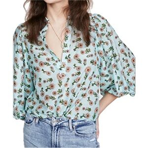 Alice + Olivia Raya Floral Silk Cotton Blouse XS Puff Sleeve Blue Mousseline EUC